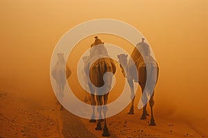 Camel caravan through the sahara desert .Generative Ai