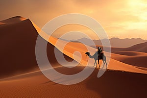 Camel caravan in Sahara desert, Morocco. 3d render illustration, Camelcade on sand dune at desert, AI Generated