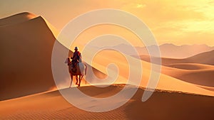 Camel caravan in Sahara desert, Morocco. 3d render illustration, Camelcade on sand dune at desert, AI Generated