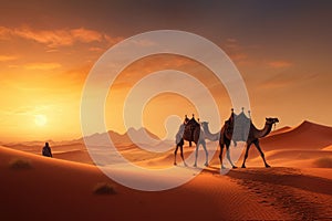 Camel caravan in the Sahara desert at sunset. 3d rendering, Camel caravan on sand dunes in the Arabian desert with the Dubai