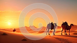 Camel caravan in the Sahara desert at sunset. 3d rendering, Camel caravan on sand dunes in the Arabian desert with the Dubai