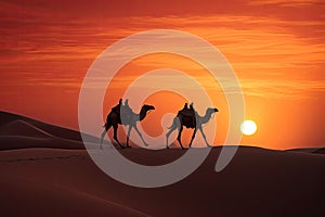 Camel caravan in the Sahara desert at sunset. 3d rendering, Camel caravan on sand dunes on Arabian desert with Dubai skyline at