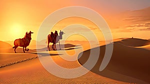 Camel caravan in the Sahara desert at sunset. 3d rendering, Camelcade on sand dune at desert, AI Generated