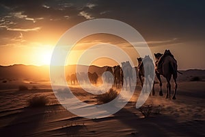 Camel caravan in the Sahara desert at sunset, Generative ai
