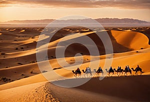 Camel caravan in the Sahara desert at sunset, Morocco, Africa