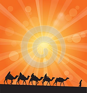 Camel caravan on Sahara desert, vector illustration