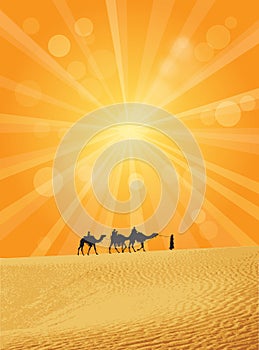 Camel caravan on Sahara desert, vector illustration