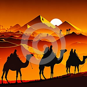 Camel Caravan. Silhouette of Camels at Sunset in the Desert. Generated in AI