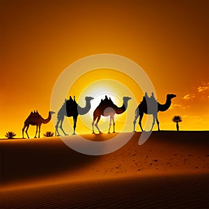 Camel Caravan. Silhouette of Camels at Sunset in the Desert. Generated in AI