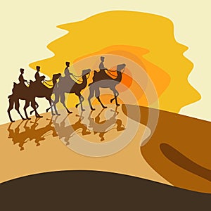 Camel Caravan Silhouette on Desert Vector Illustration