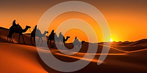 Camel caravan silhouette through the sand dunes in the Sahara Desert, Morocco