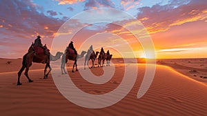 Camel Caravan Silhouettes in Sahara Desert Expedition towards Sunset