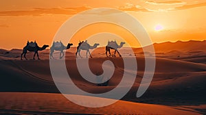 camel caravan traverses undulating dunes in the desert