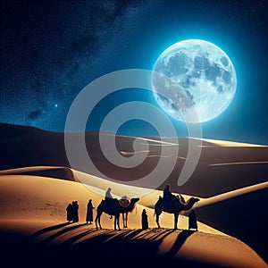 a camel caravan under the light of the full