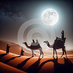 a camel caravan under the light of the full