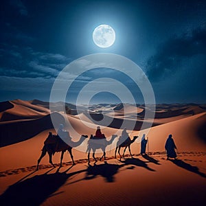 a camel caravan under the light of the full moon