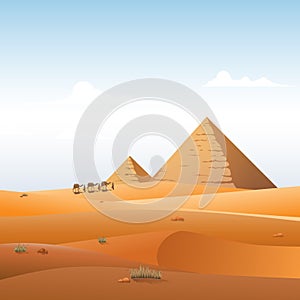 Camel caravan in wild Africa pyramids landscape background