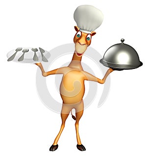 Camel cartoon character with dinner plate , cloche and chef hat