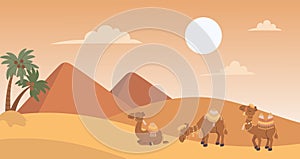 Camel in desert. Camels caravan in sands landscape. Arabian animals on dunes on sunset. Funny animal with decorative
