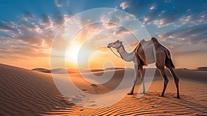 A camel in the desert Dubai, United Arab Emirates, beautiful sky at sunrise. Generative Ai