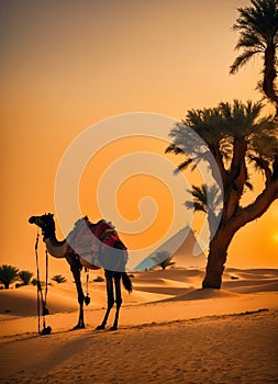 Camel in desert with Egyptian pyramids in background