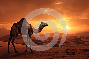 Camel in the desert at sunset. 3d render illustration, Dromedary at the sunset, AI Generated