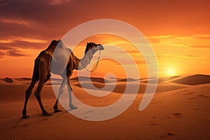 Camel in the desert at sunset. 3d render illustration, Dromedary at the sunset, AI Generated