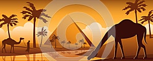 Camel drink water in oasis desert nearby Pyramid,silhouette cartoon design