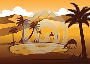 Camel drink water in oasis desert nearby Pyramids,silhouette design