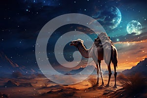 Camel in dune in a desert at night with moonlight. Milky Way galaxy. Illustration Generative AI