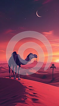 Camel on the edge of a desert at sunset with the crescent and a full moon at night. Eid Mubarak