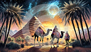 camel with full moon at egyptian pyramids