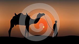 Camel and a man at sunset illustration