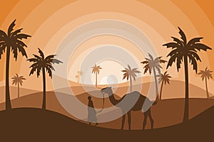 camel and people silhouete islamic background, eid al adha holiday, beautiful sunlight landscape, palm tree, sand desert