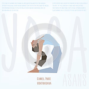 Camel Pose (Ushtrasana) asana. Vector illustrated poster template with girl doing yoga exercises