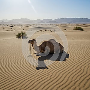 Camel resting on rippled sand dunes under bright daylight, surrounded by sparse deser