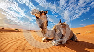 Camel resting on sand dunes in the desert. AI Generated