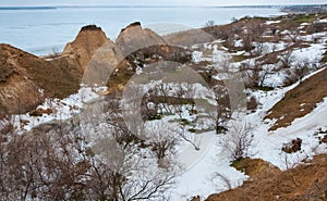 Camel rocks on the bank of the Tiligul estuary in winter