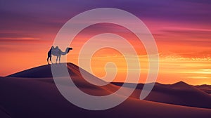 A camel on a sand dune at sunset, silhouetted against the red sky afterglow