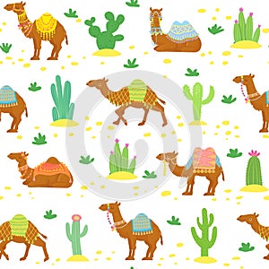 Camel seamless pattern. Cute cartoon desert camels among cactuses. Egyptian ethnic vector wallpaper texture