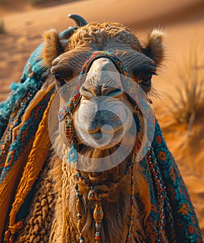 Camel sitting in the desert sand. An image of a camel standing in the desert