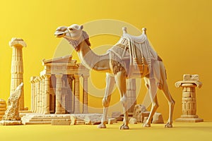 A camel is standing in front of a building with a yellow background with Generative AI