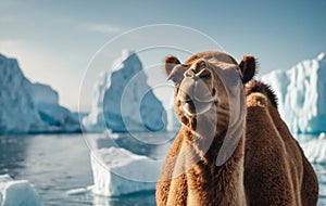 Camel standing in water with icy background in natural landscape
