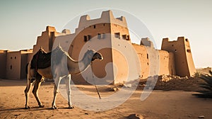 A camel stands in front of a castle in the desert of Morocco