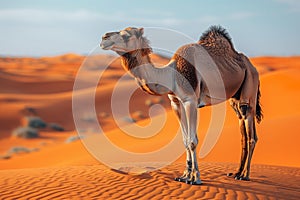 Camel stands in vast desert landscape under the open sky