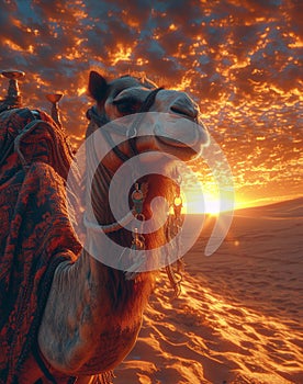 Camel and the sunset. Big beautiful camel in the desert