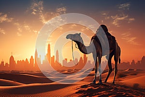 Camel traverses the desert, Dubai skyline blends tradition with modernity