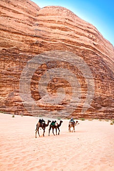 Camel trip through siq Um Tawaqi, Wadi Rum, Jordan