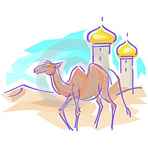 camel with two humps travels through the desert near two towers. camel color drawing made with lines