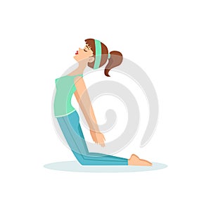 Camel Ustrasana Yoga Pose Demonstrated By The Girl Cartoon Yogi With Ponytail In Blue Sportive Clothing Vector